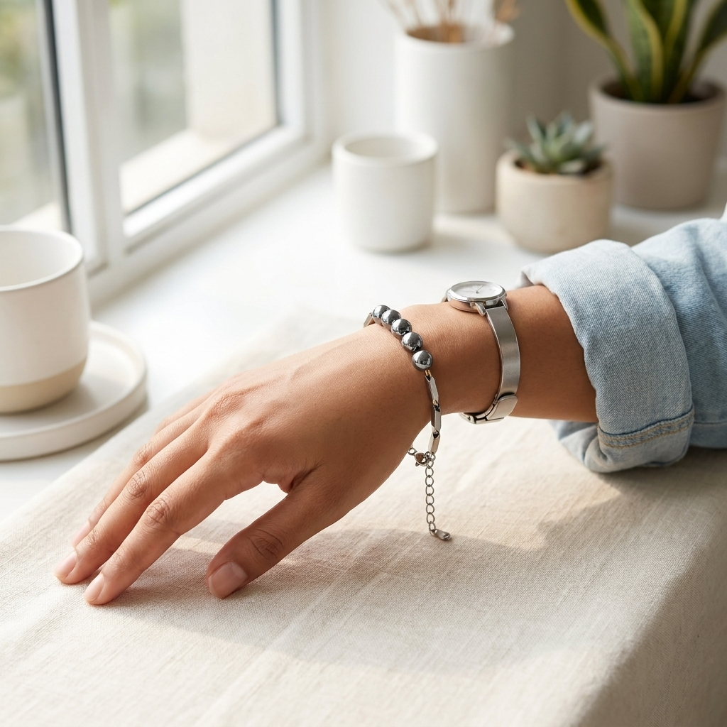 Woman wearing the Silver Hematite Rice Bracelet on her wrist