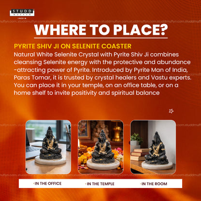 Pyrite Shiv Ji on Selenite Coaster I Miniature Series