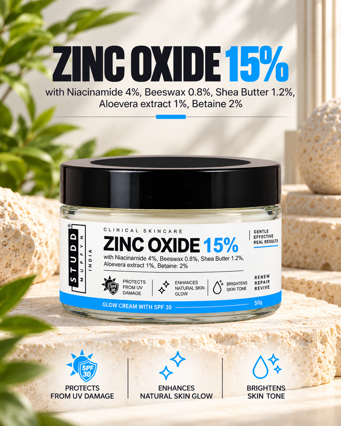 Studd Muffyn Zinc Oxide 15% Glow Cream with SPF 30, 50g, with Niacinamide 4%, Shea Butter, Beeswax, Aloe Vera and Betaine: protects from UV damage, enhances natural skin glow, brightens skin tone