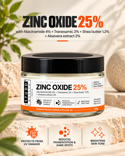 Studd Muffyn Zinc Oxide 25% Pigmentation Cream with SPF 50, 50g, with Niacinamide 4%, Tranexamic Acid 2%, Shea Butter and Aloe Vera: protects from UV damage, reduces pigmentation and dark spots, brightens skin tone