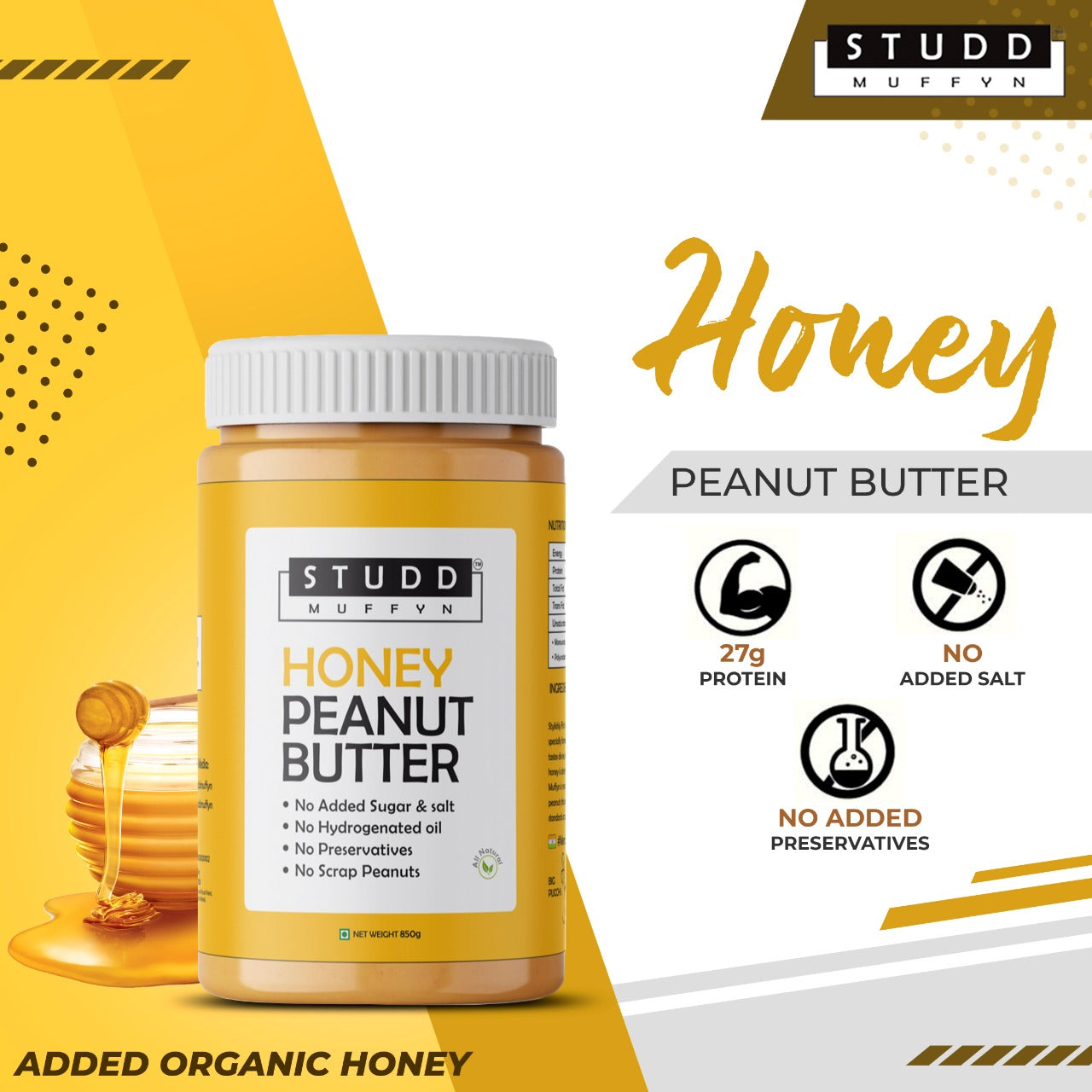 Studd Muffyn All Natural Honey Peanut Butter-850 gm | 27% Protein | Pure honey | Gluten Free| Cholesterol Free