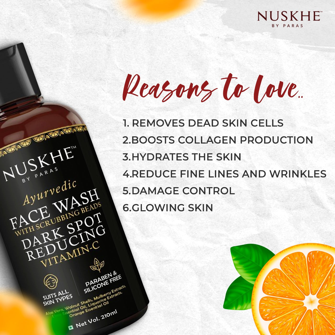 Nuskhe by Paras Dark Spot Reducing Vitamin C Face Wash-210ml | Scrubbing Beads | Removes Impurities| Skin Smoothening | No Parabens, Sulphate, Silicones & Color