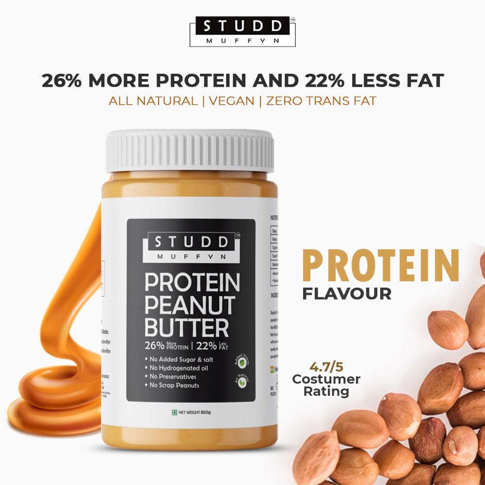 Studd Muffyn All Natural Creamy Protein Peanut Butter-800gm |38% Protein|26% More Protein| 22% Less Fat| High Protein-Low Fat | Unsweetened