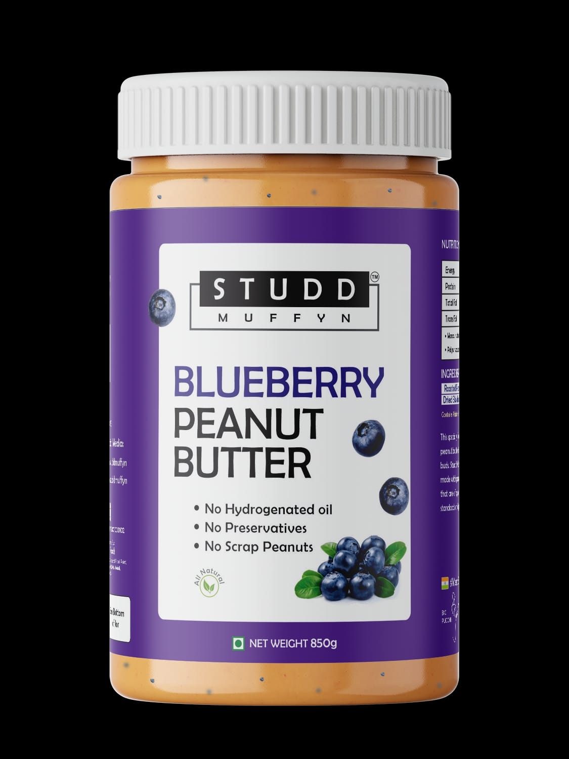 Studd Muffyn All Natural Blueberry Peanut Butter-850gm | 27% Protein | Delicious Blue Berry | Non GMO | Gluten Free | Cholesterol Free