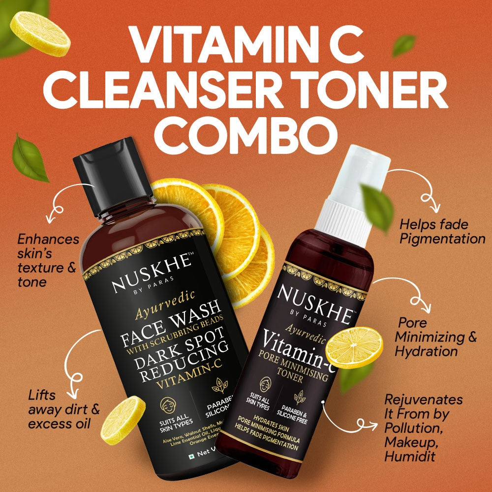 Nuskhe By Paras Vitamin C Cleanser Toner Combo - Vitamin C Dark Spot Reducing  Face Wash and Vitamin C Pore Minimizing Toner