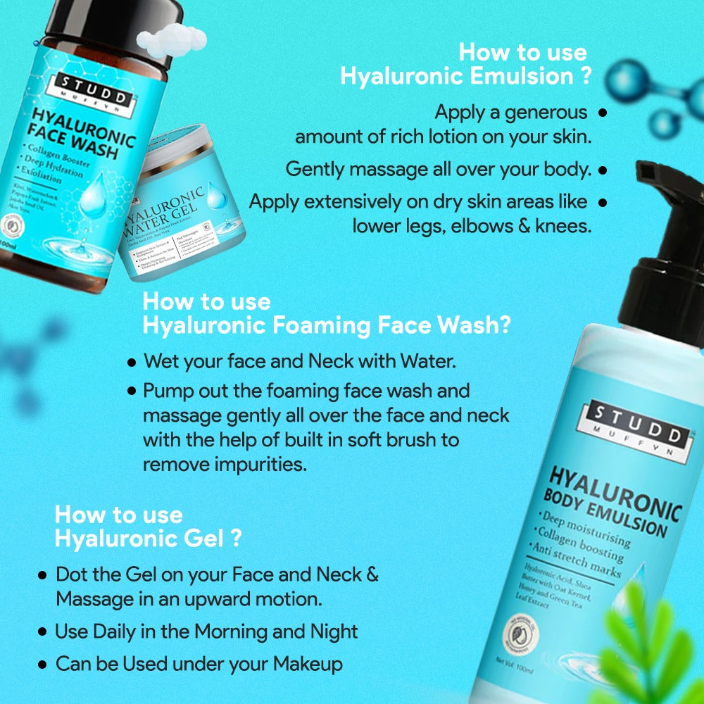 Studd Muffyn Hyaluronic Face and Body Combo- Hyaluronic Gel (100 ML), Hyaluronic  Foaming Face Wash (100 ml) and Hyaluronic Body Emulsion (100ml)