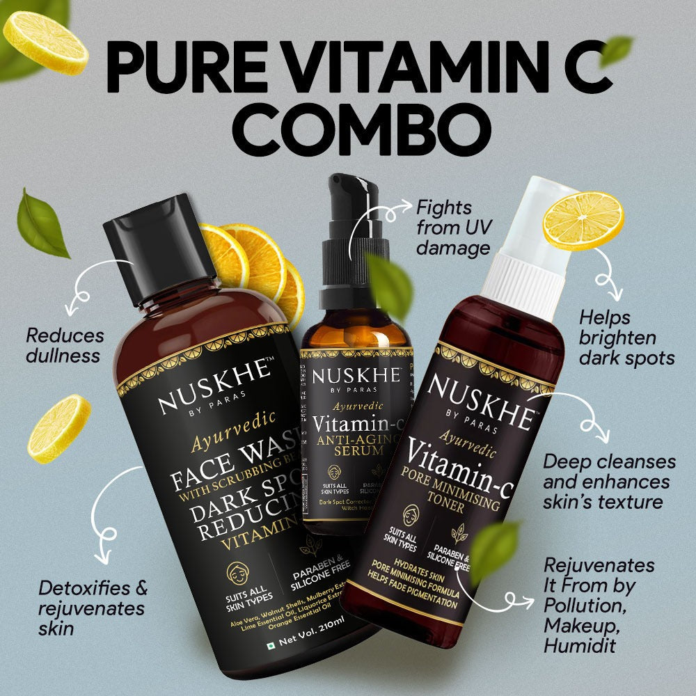 Nuskhe By Paras Pure Vitamin C Combo (Face Wash + Toner + Anti-aging Serum) ✽ For Men & Women