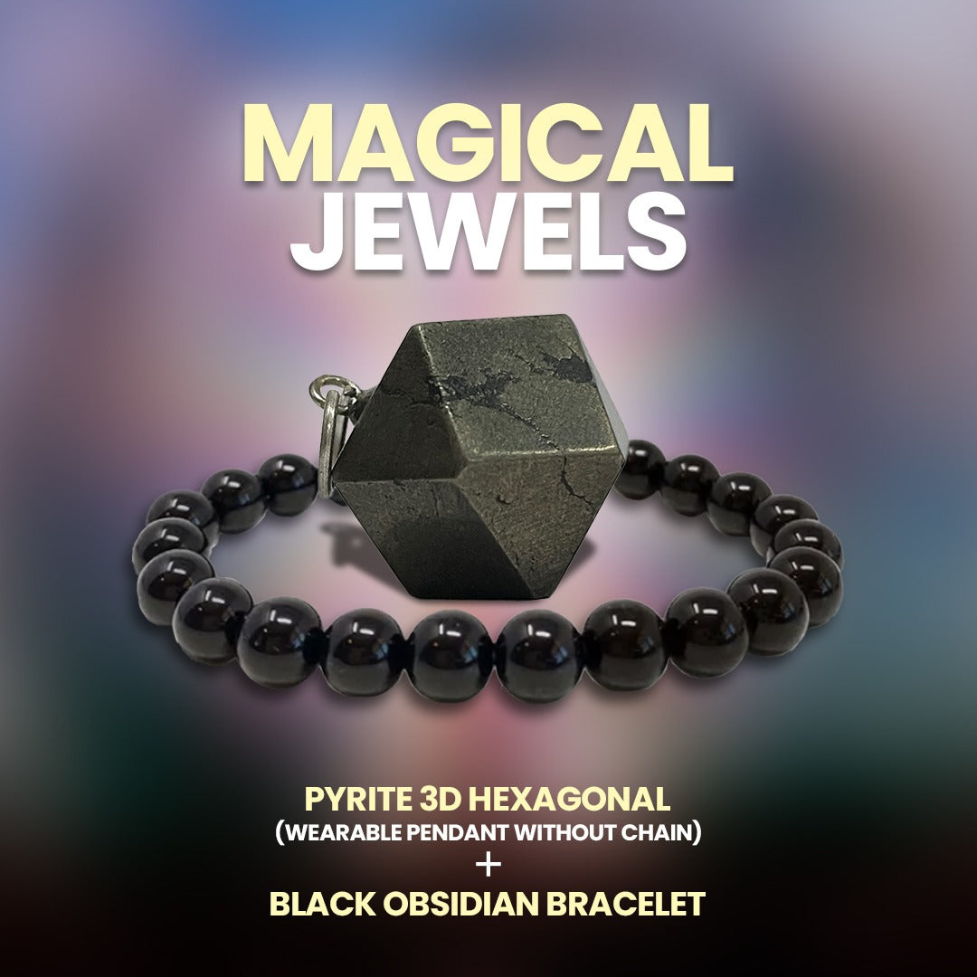 Magical Jewels ( Pyrite 3D Hexagonal Pendant & Black Obsidian Bracelet )