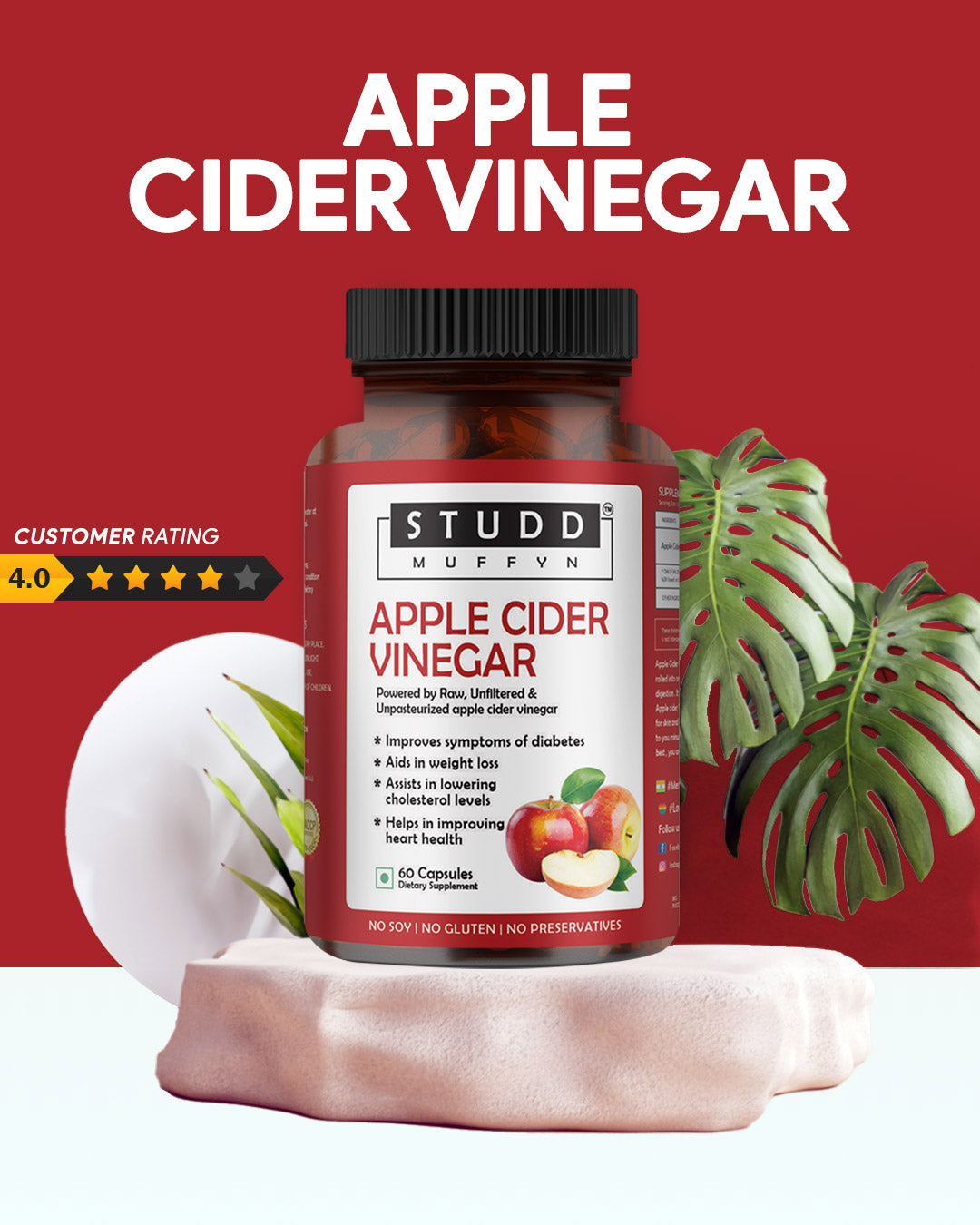 Studd Muffyn Apple Cider Vinegar Capsules 500mg- 60 Veg Capsules | Raw & Natural | Weight Loss & Detox Capsule | NON-GMO | GLUTEN FREE | Vegetarian