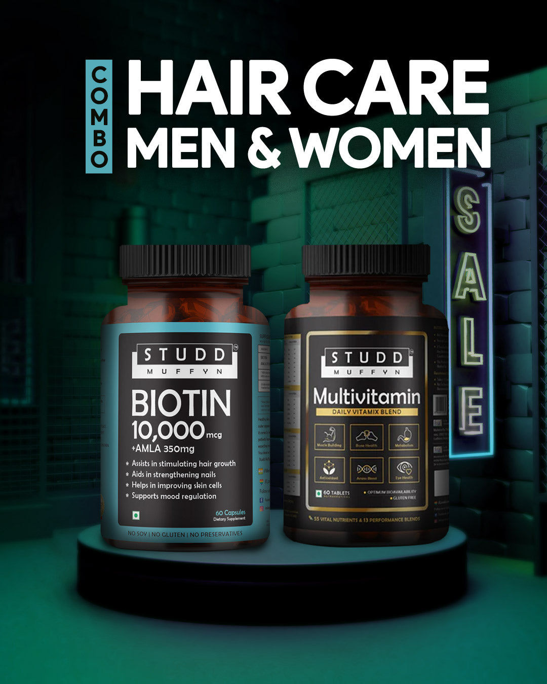 Studd Muffyn Hair Care Combo (Biotin 10000mcg + Amla 350mg and Multivitamins Daily) ✽ For Men & Women  ✽ 2X60 Tabs