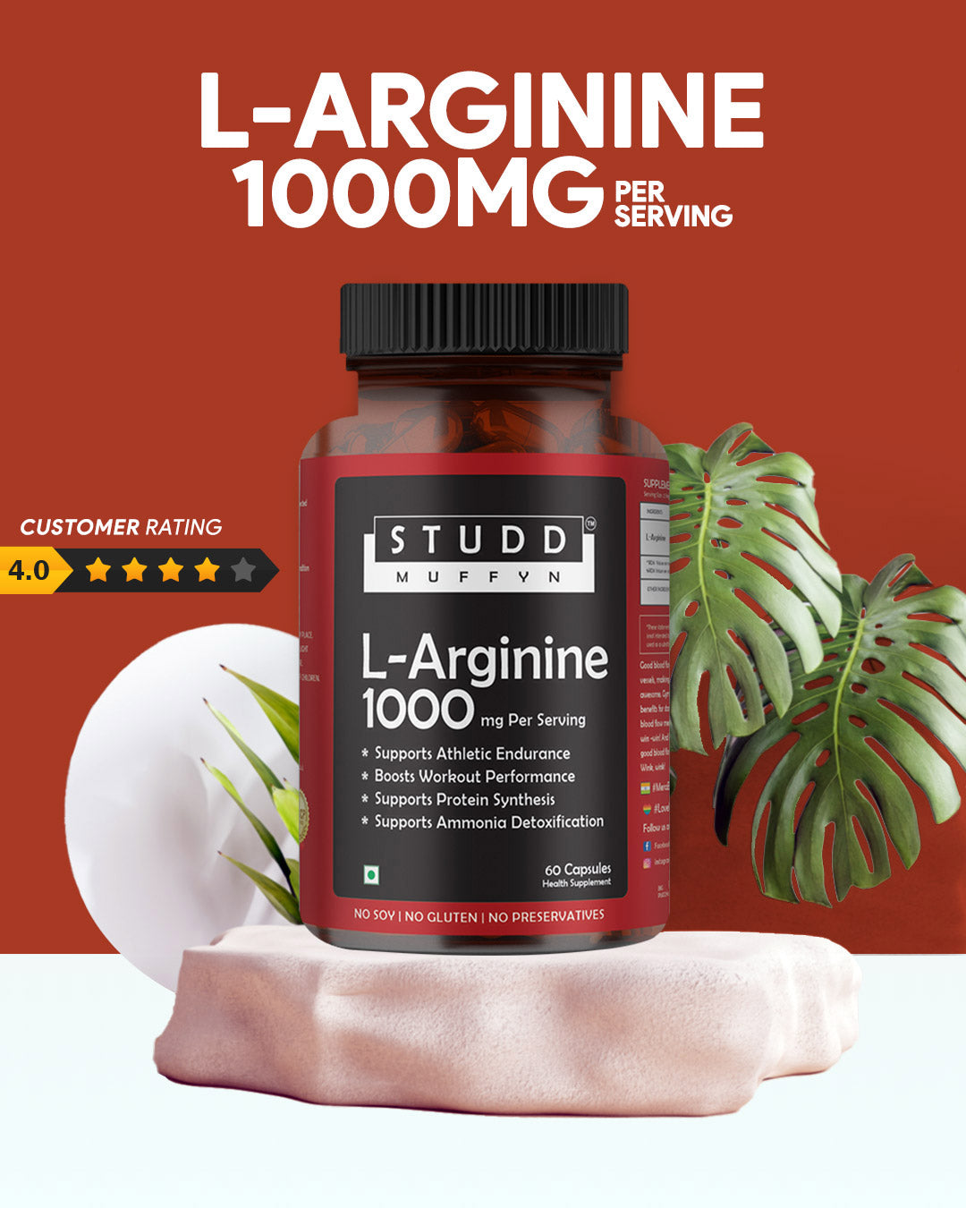 Studd Muffyn L-Arginine 1000mg- 60 Vegetarian Capsules, Endurance | Performance | Cardiovascular Health