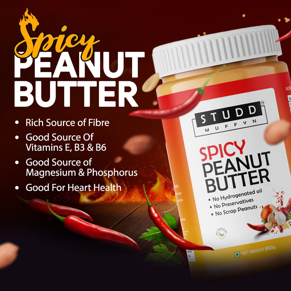 Studd Muffyn All Natural  Spicy Peanut Butter- 850gm | 25% Protein | Spicy Flavor | Non GMO | Gluten Free | Cholesterol Free