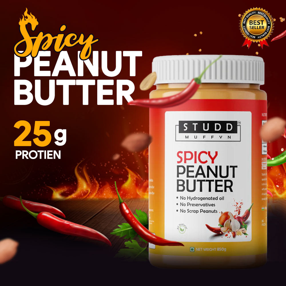 Studd Muffyn All Natural  Spicy Peanut Butter- 850gm | 25% Protein | Spicy Flavor | Non GMO | Gluten Free | Cholesterol Free